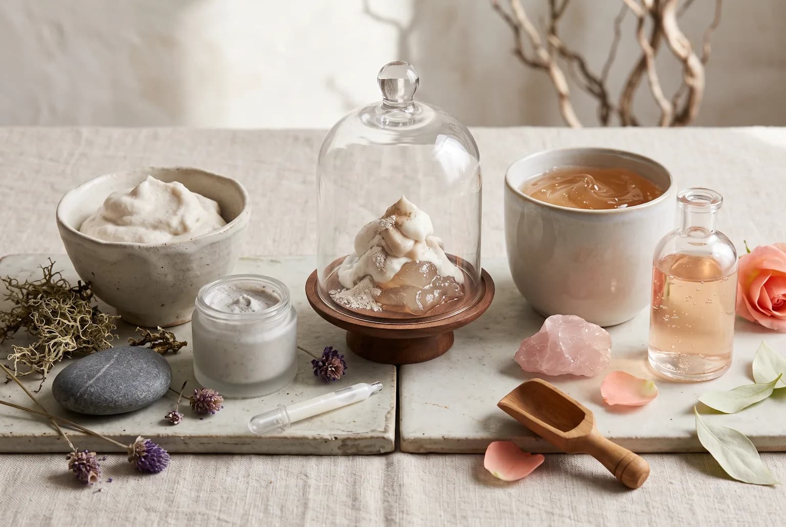 Editorial still life of skincare textures and a mirror on a warm stone vanity