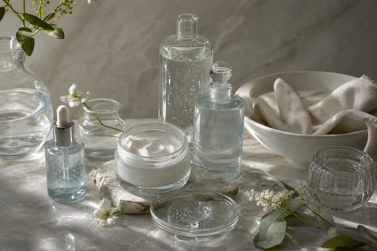 Reflective still life of transparent skincare bottles and water on a marble surface, evoking glass skin