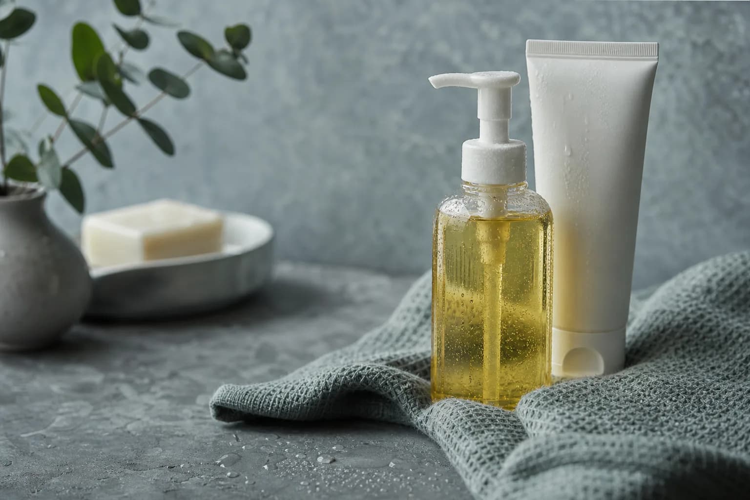 Close-up of oil and gel cleansers staged on a damp washcloth