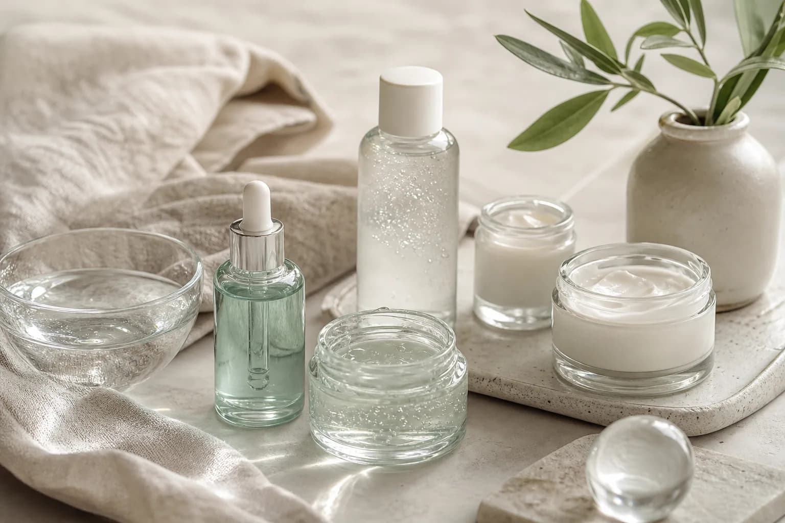 Flat-lay of essences and serums with clear gel textures and droppers