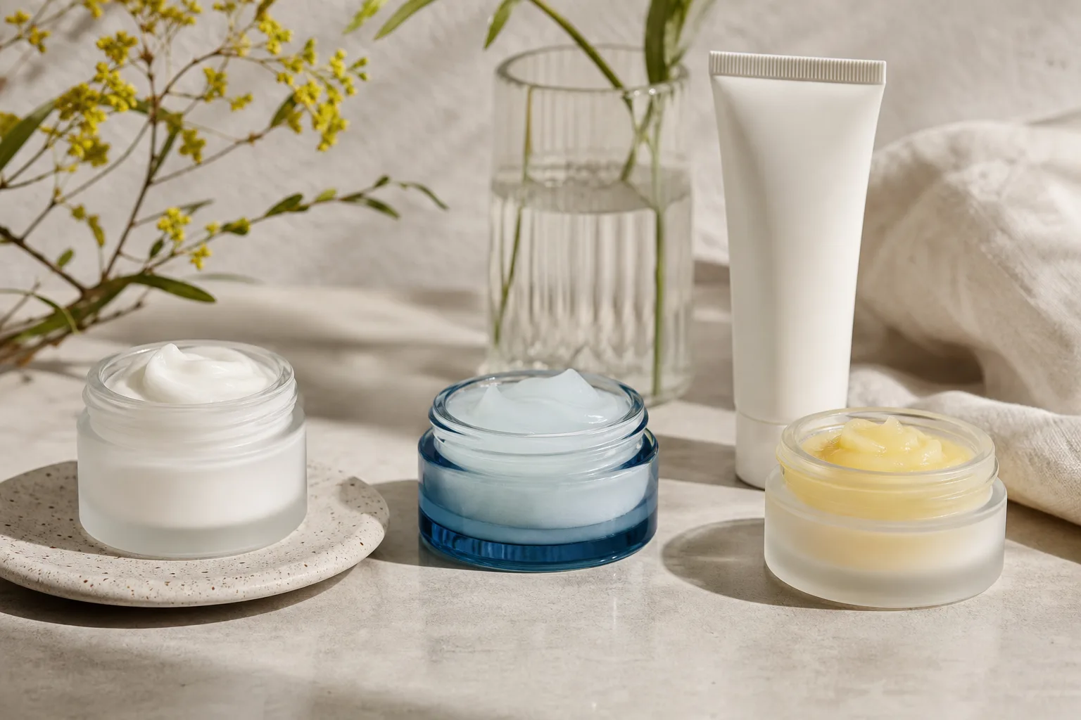 Three moisturizers and a sunscreen tube grouped to show texture contrasts