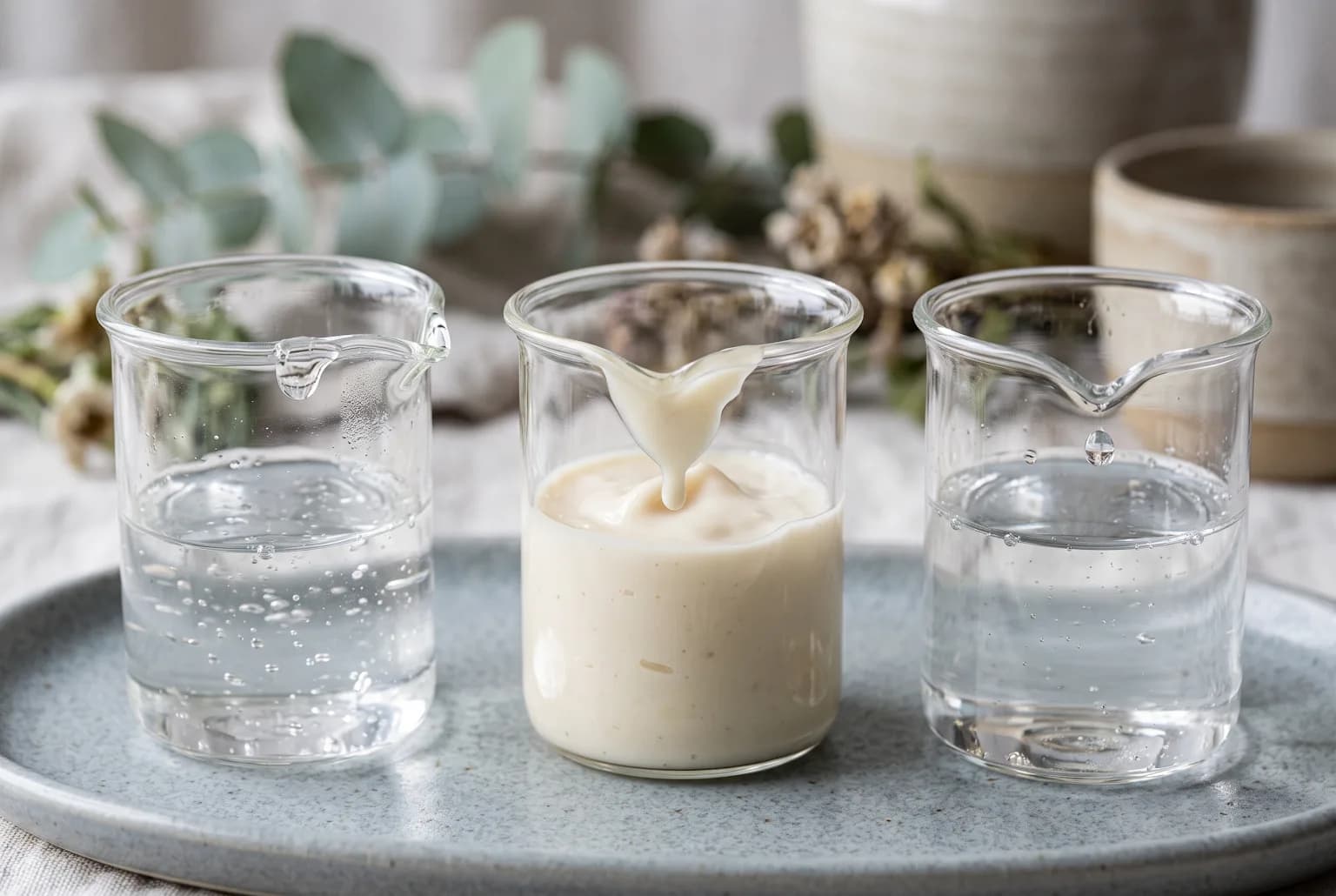 Three cleanser textures in glass beakers—gel, cream, and micellar water—on a cool-toned surface