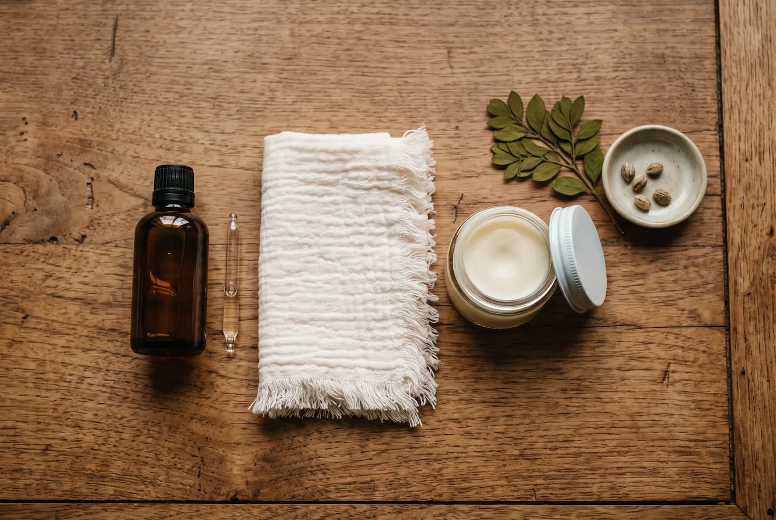 AHA/BHA bottle, muslin cloth, and balm jar on warm wood for weekly skincare extras