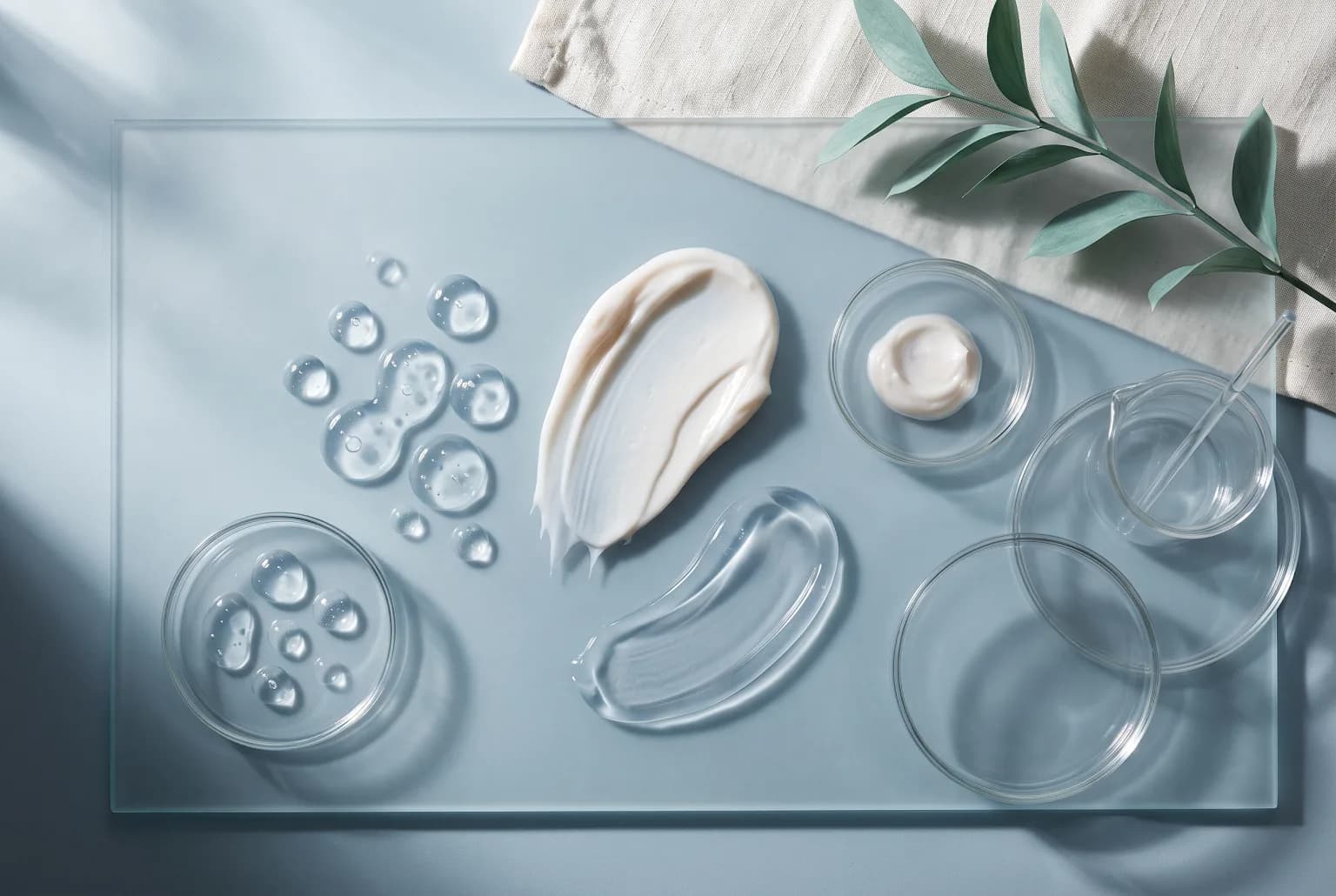 Water-gel, cream, and clear skin-care textures arranged on frosted glass