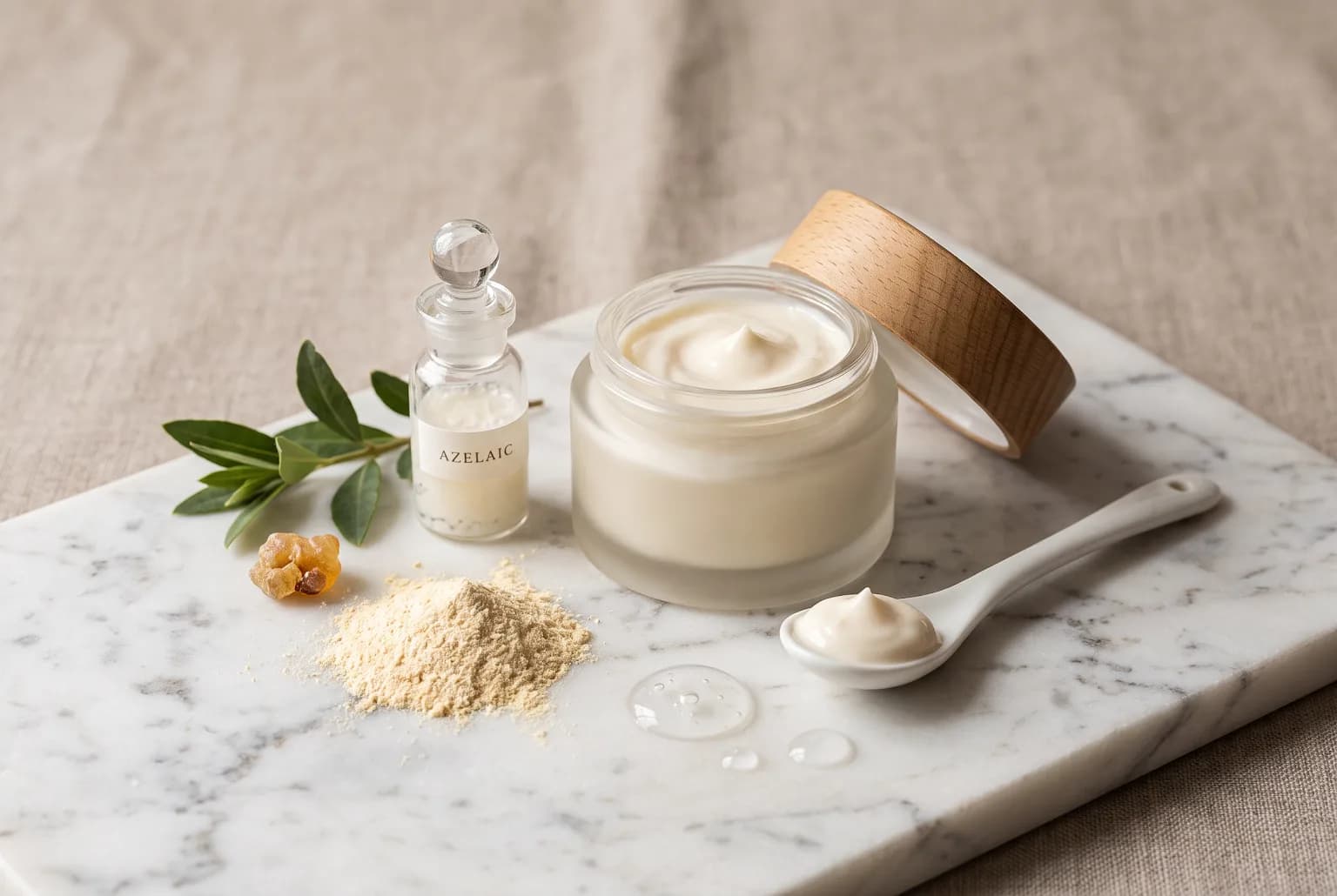 Still life: cream jar on marble with visual hints of active ingredients, editorial lighting