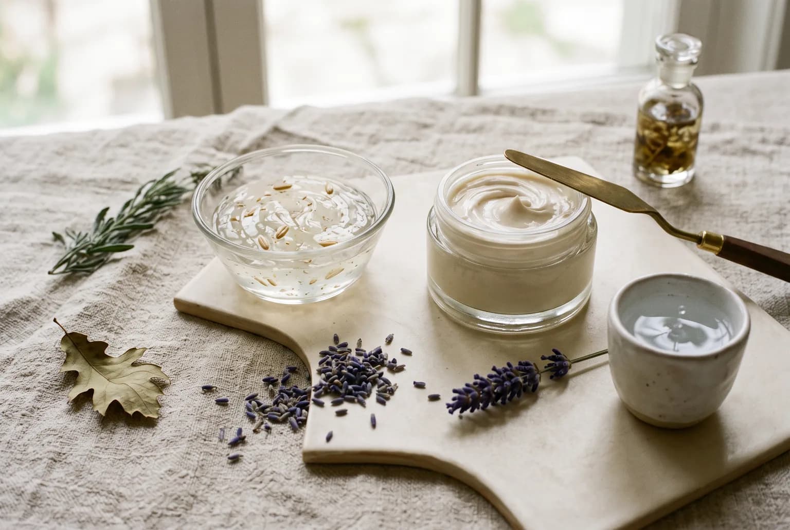 Three sample tubes and a cream smear on linen, cool tones, overhead flat lay
