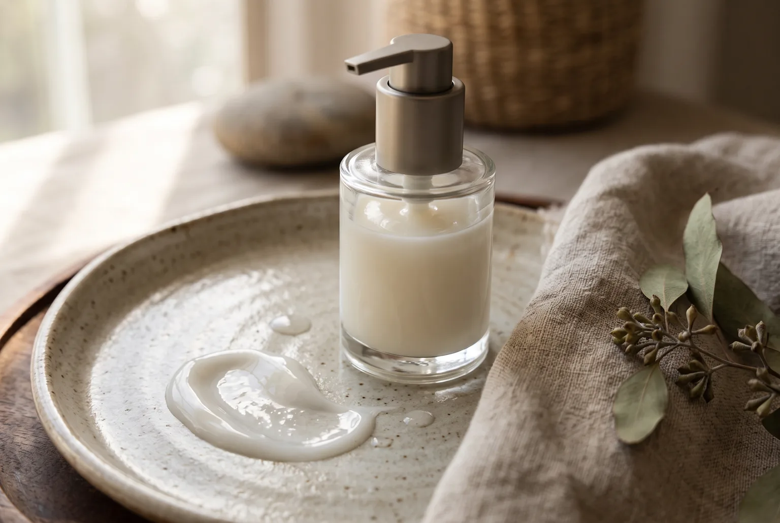 Pump bottle and lightweight cream on ceramic dish showing texture and finish