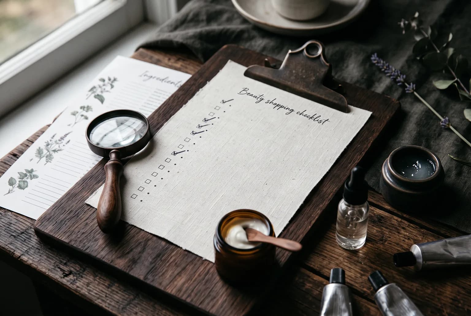 Shopping checklist with tubes and magnifying glass on dark wood board