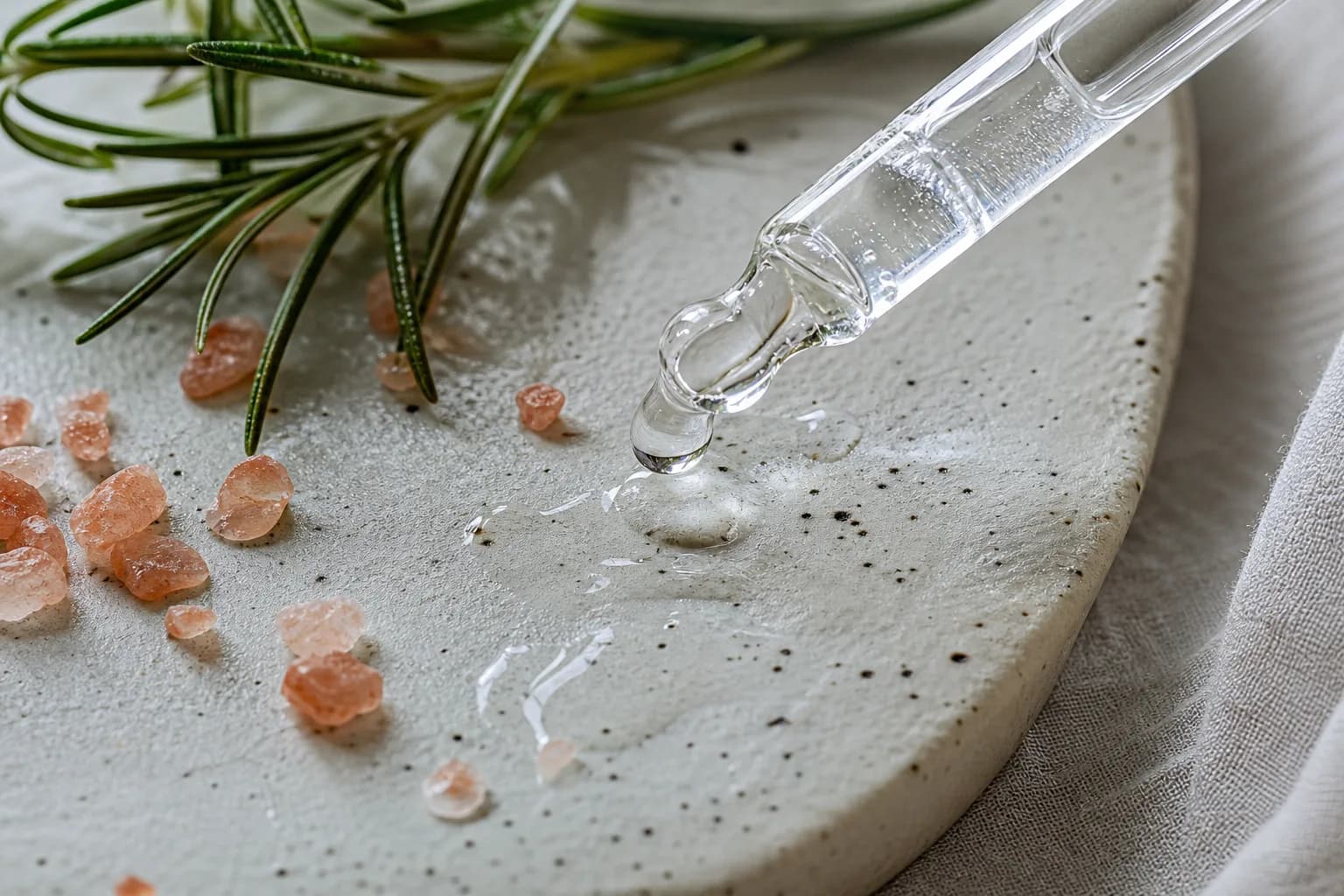 Glass pipette releasing clear liquid onto a speckled plate beside pink crystals.