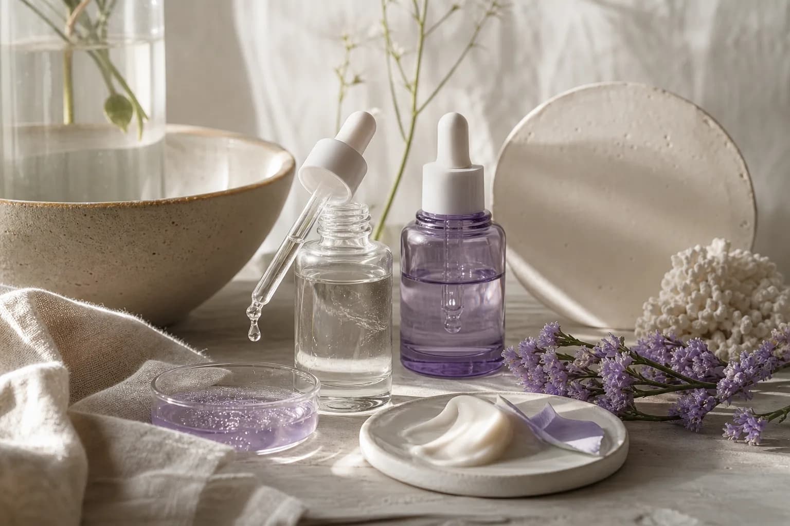 Clear and purple dropper bottles beside gel and cream swatches on ceramic dishes.