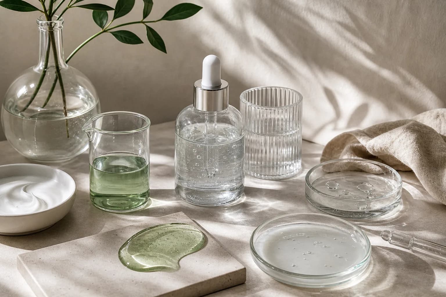 Clear dropper bottle and green liquid beside several transparent gel samples.