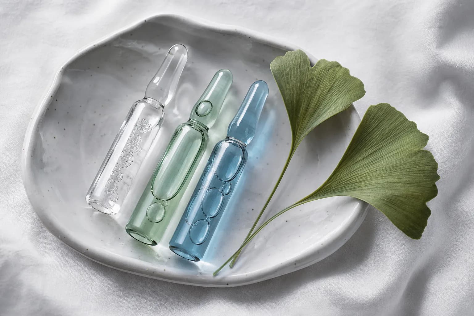 Three glass ampoules on a ceramic tray with a ginkgo leaf