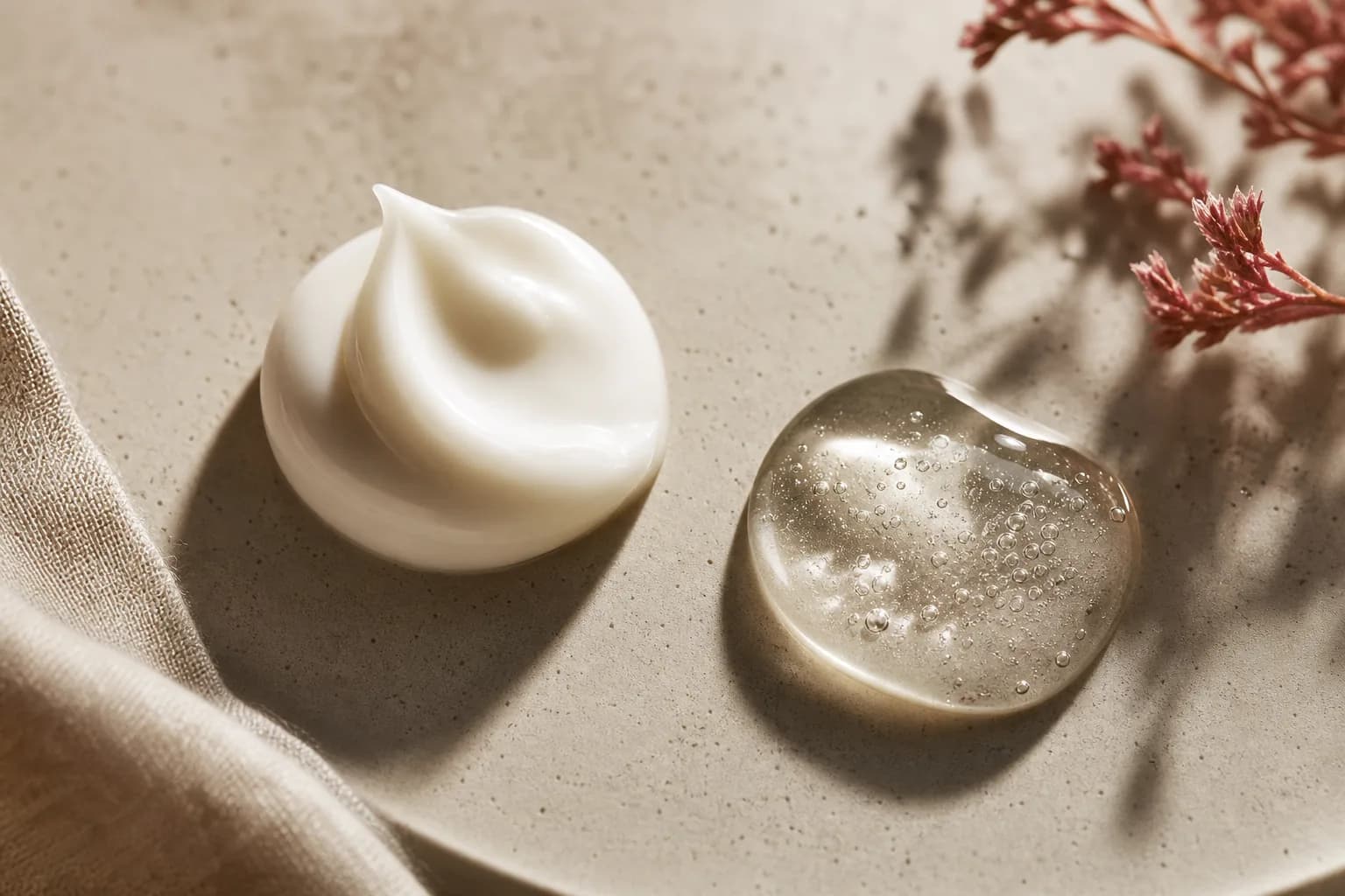 Close-up of cream and clear serum textures side by side
