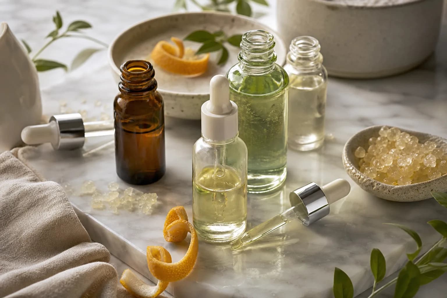 Glass bottles, droppers and botanical peels arranged on marble