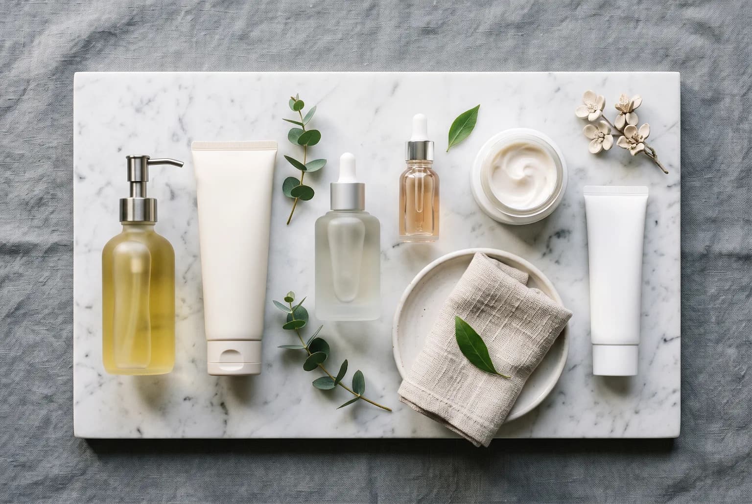 Overhead still life of Korean skincare essentials on marble