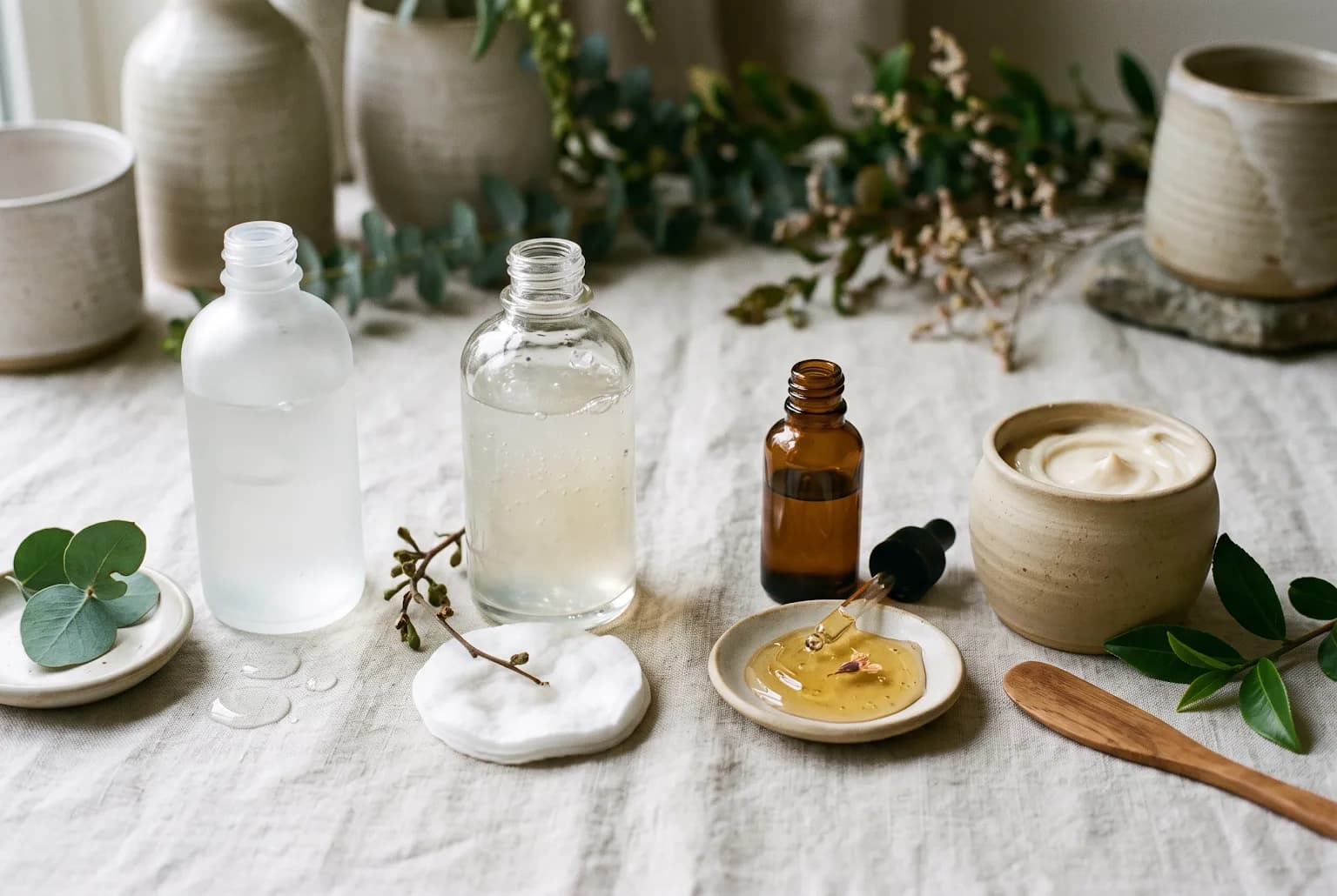 Essence bottle and serum dropper on mirrored surface