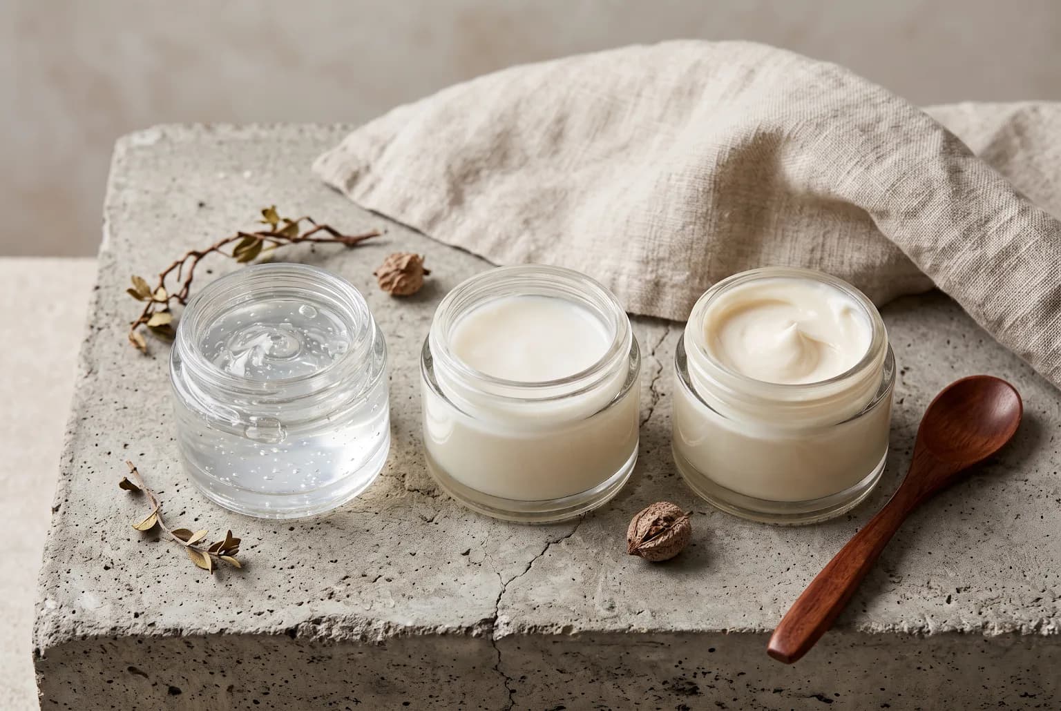 Three moisturizer textures in jars showing gel, emulsion, and cream