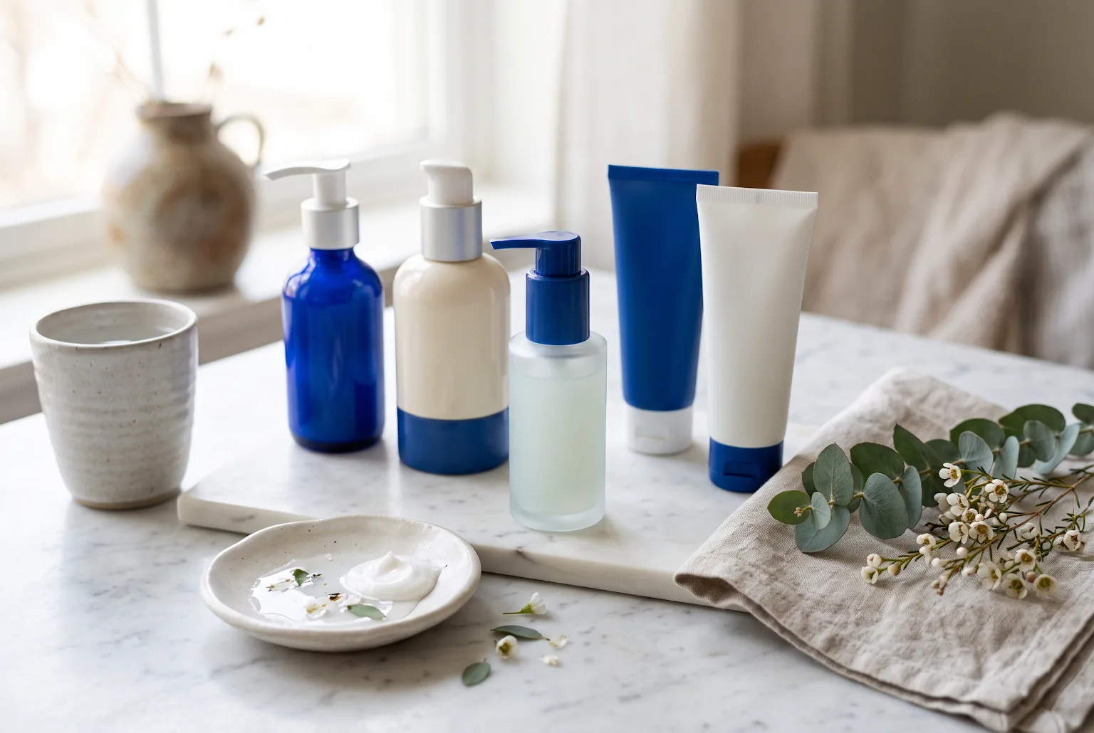 Close-up of skincare tubes and pump bottles on marble with soft natural light