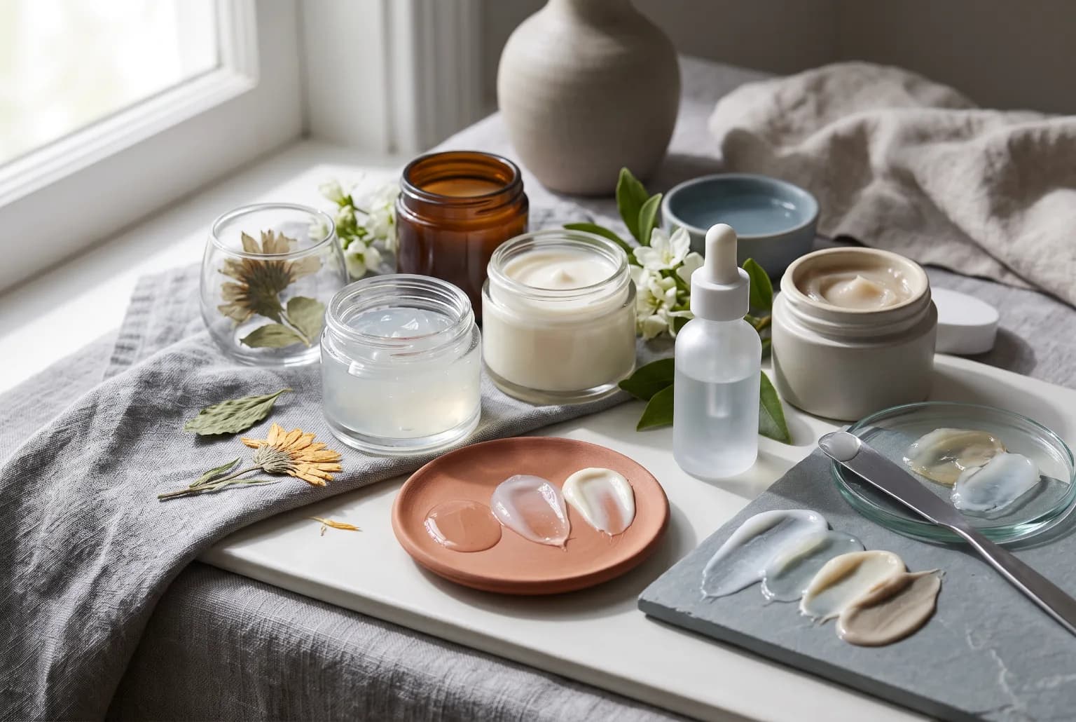 Three bowls showing gel, cream, and balm textures side by side