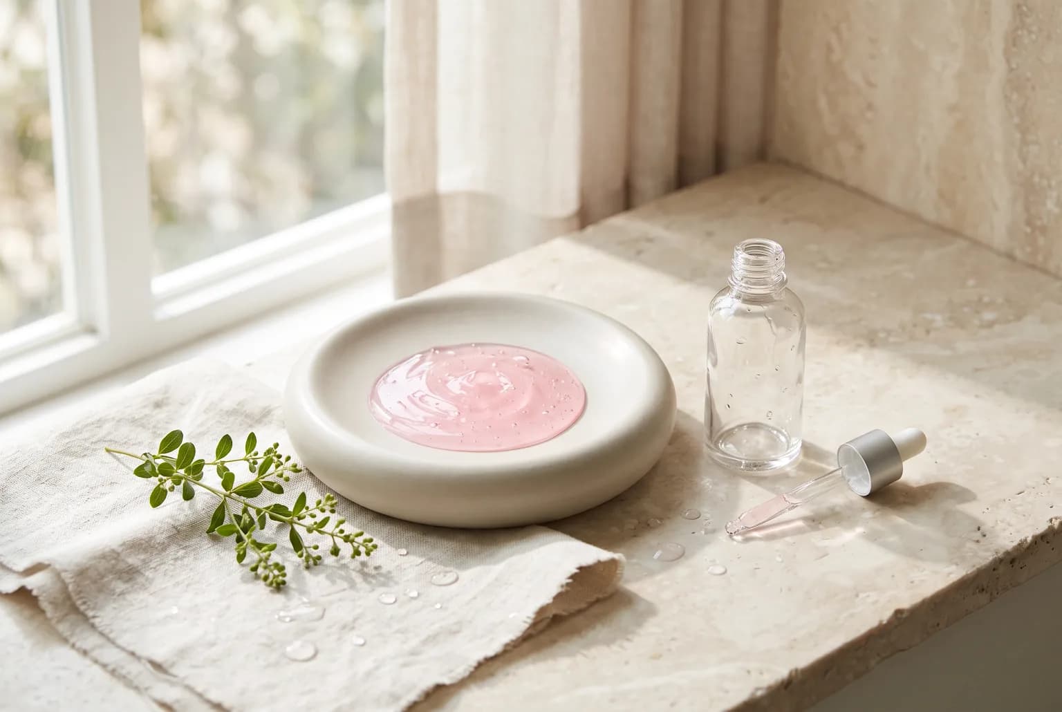 Pink serum dropper and rose petals on marble, soft daylight