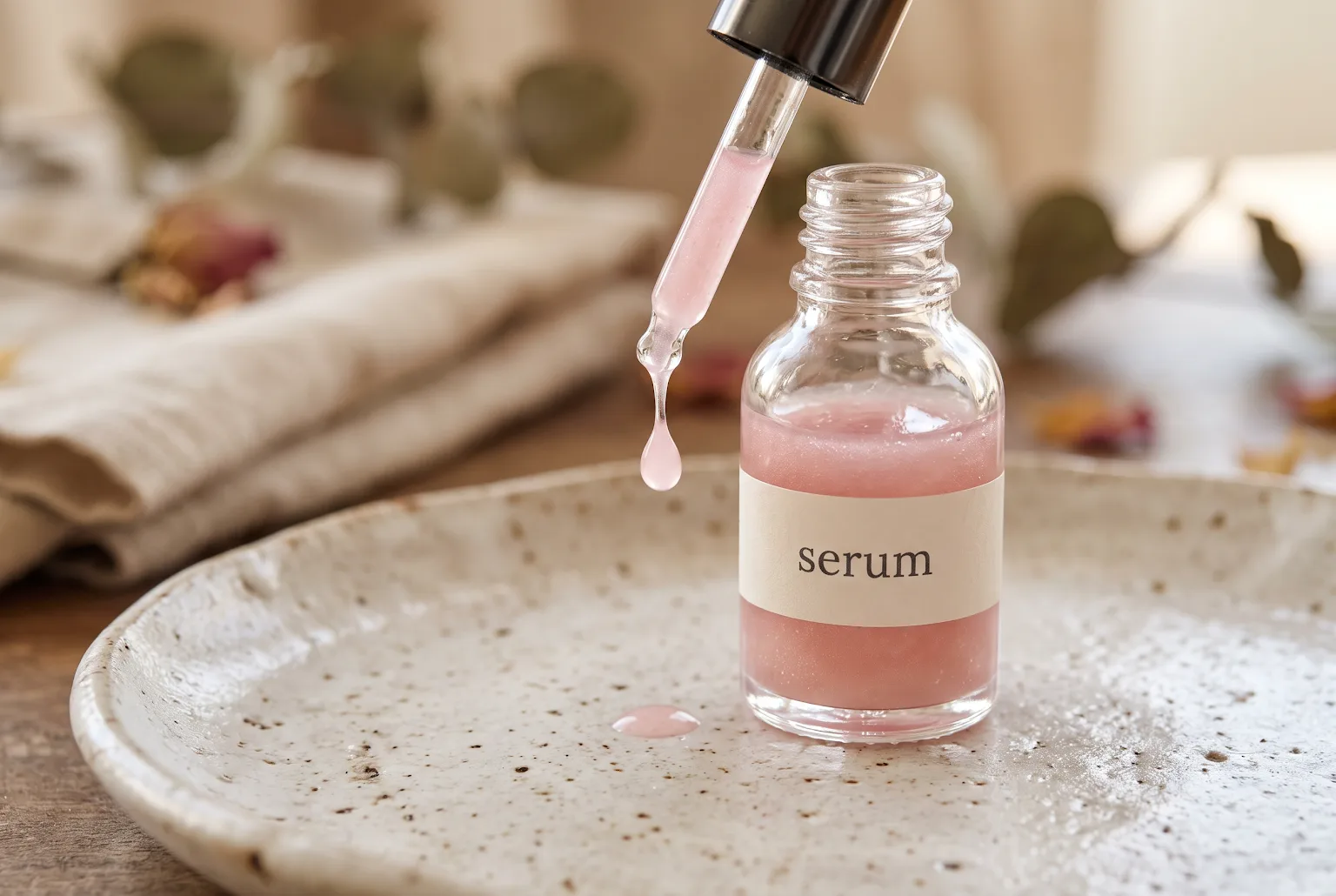 Close-up of pale-pink serum droplet over ceramic tray