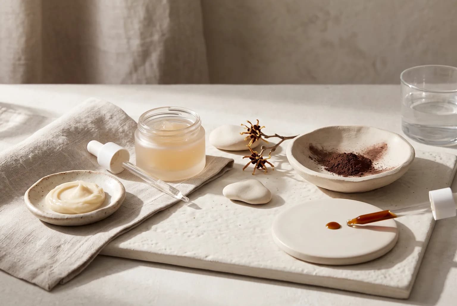 Three skincare texture swatches on ceramic tile: cream, gel, ointment