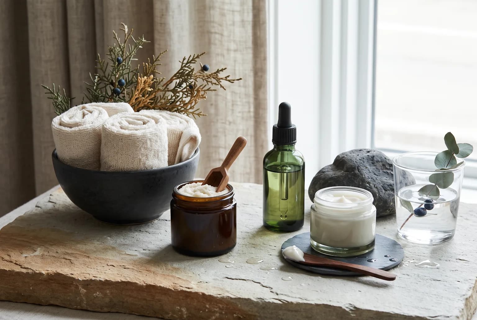 Overhead still life of men's morning skincare essentials on a wooden board—cleanser, moisturizer, SPF, shaving brush and razor