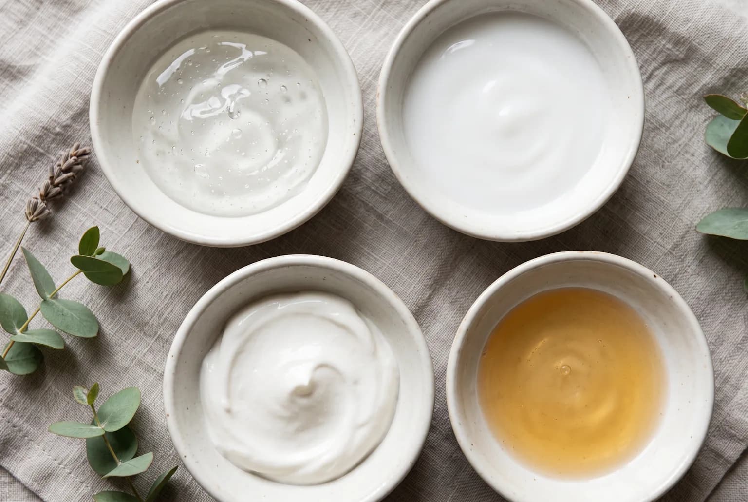 Close-up of skincare textures in small bowls: gel cleanser, lightweight moisturizer, sunscreen, and vitamin C serum