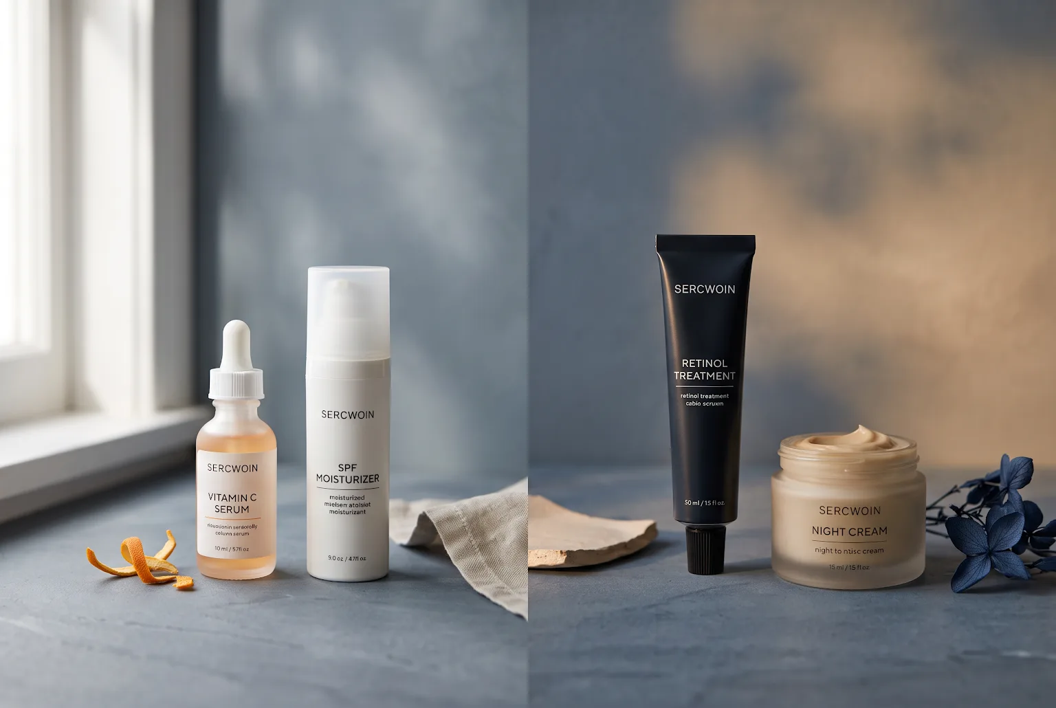 AM and PM skincare products grouped to show morning vitamin C and SPF versus evening retinol and night cream