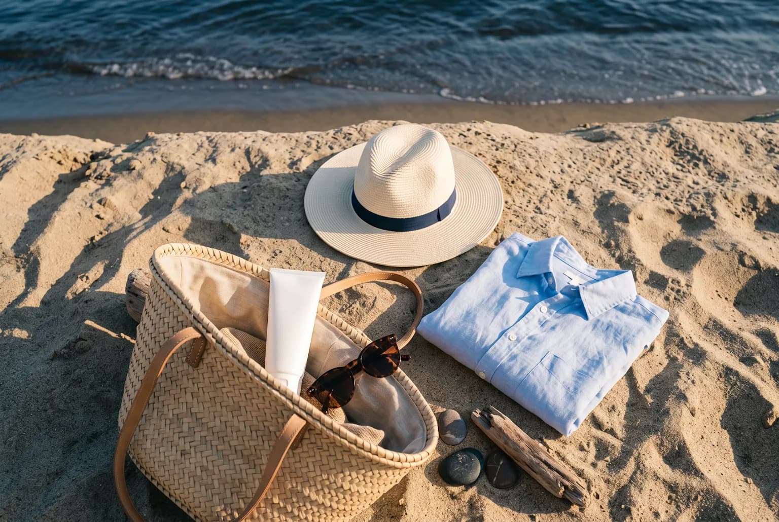 Beach-day essentials arranged in a woven tote with a blank sunscreen tube