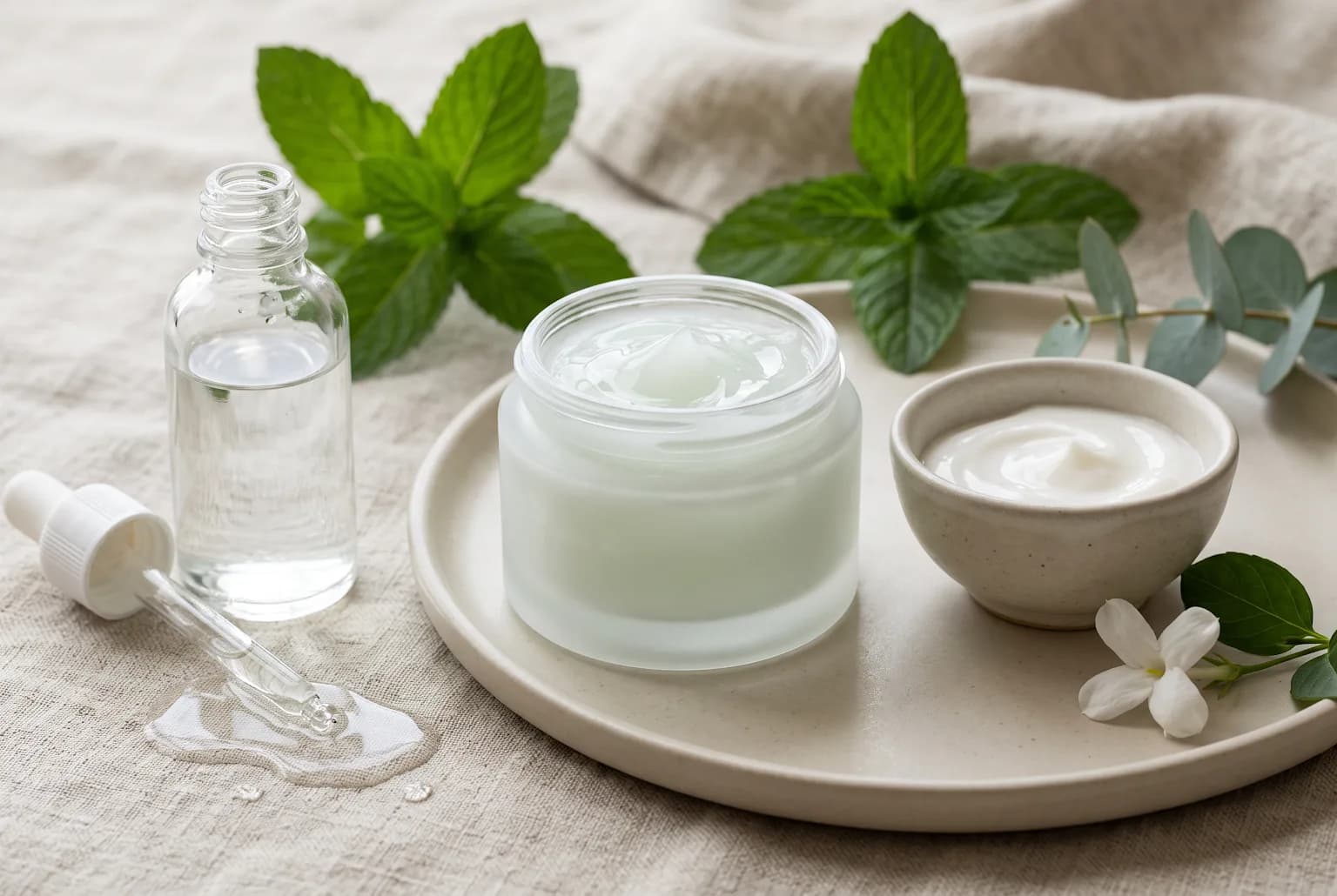 Gel-cream jar on slate with water droplets and towel