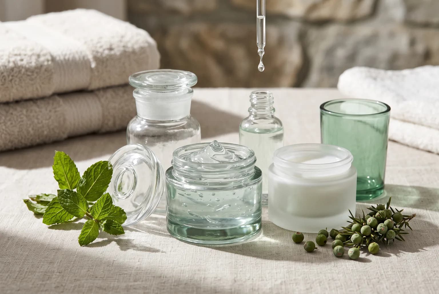 Three small dishes showing gel, gel-cream, and lotion textures