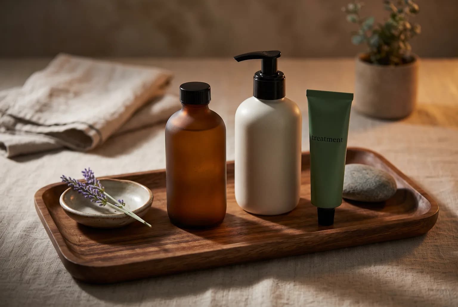 Cleanser, lightweight moisturizer pump, and treatment tube on wooden tray