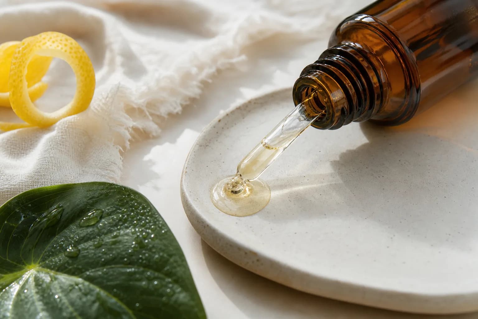 Amber serum dropper and single drop on ceramic dish with citrus accent