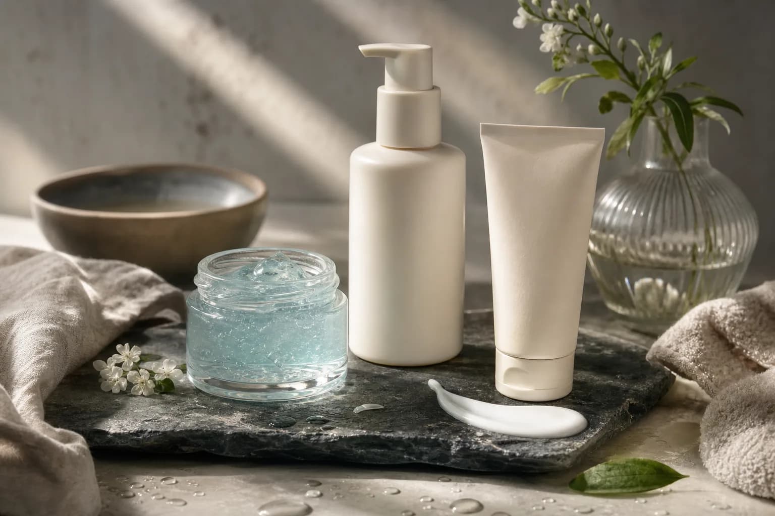 Three lightweight product textures on slate: gel, lotion, and sunscreen tube