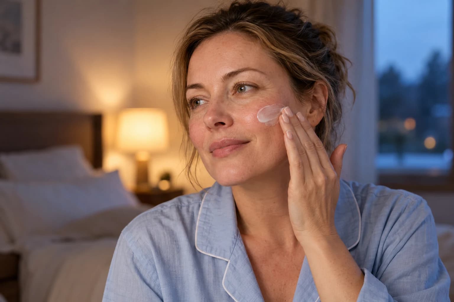 Woman in blue pajamas applying a dab of cream to her cheek in a softly lit bedroom.