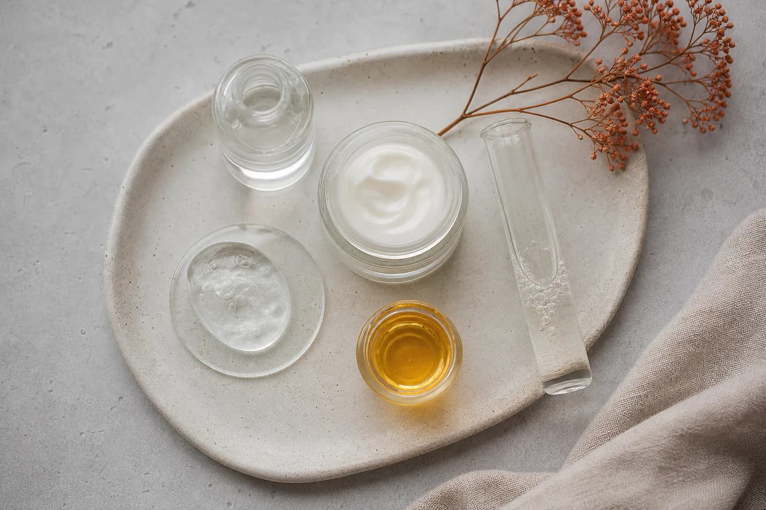 Small containers of white cream, clear gel and amber liquid on an oval tray.