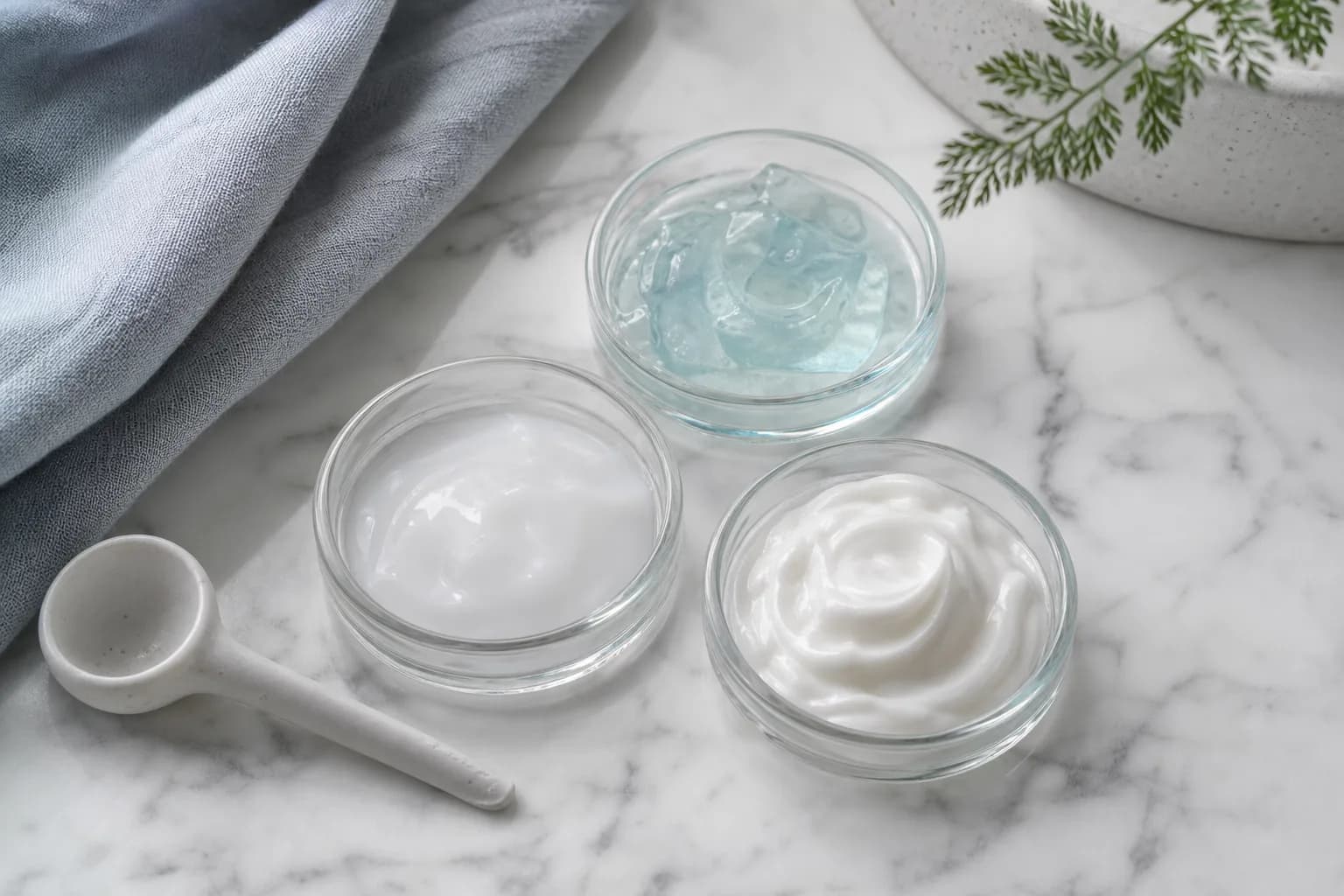 Three open dishes of pale blue gel, translucent lotion and white cream on marble.