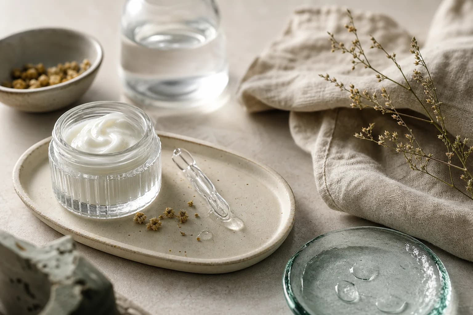 Glass jar of white cream and a clear spatula on a plate beside water and folded linen.