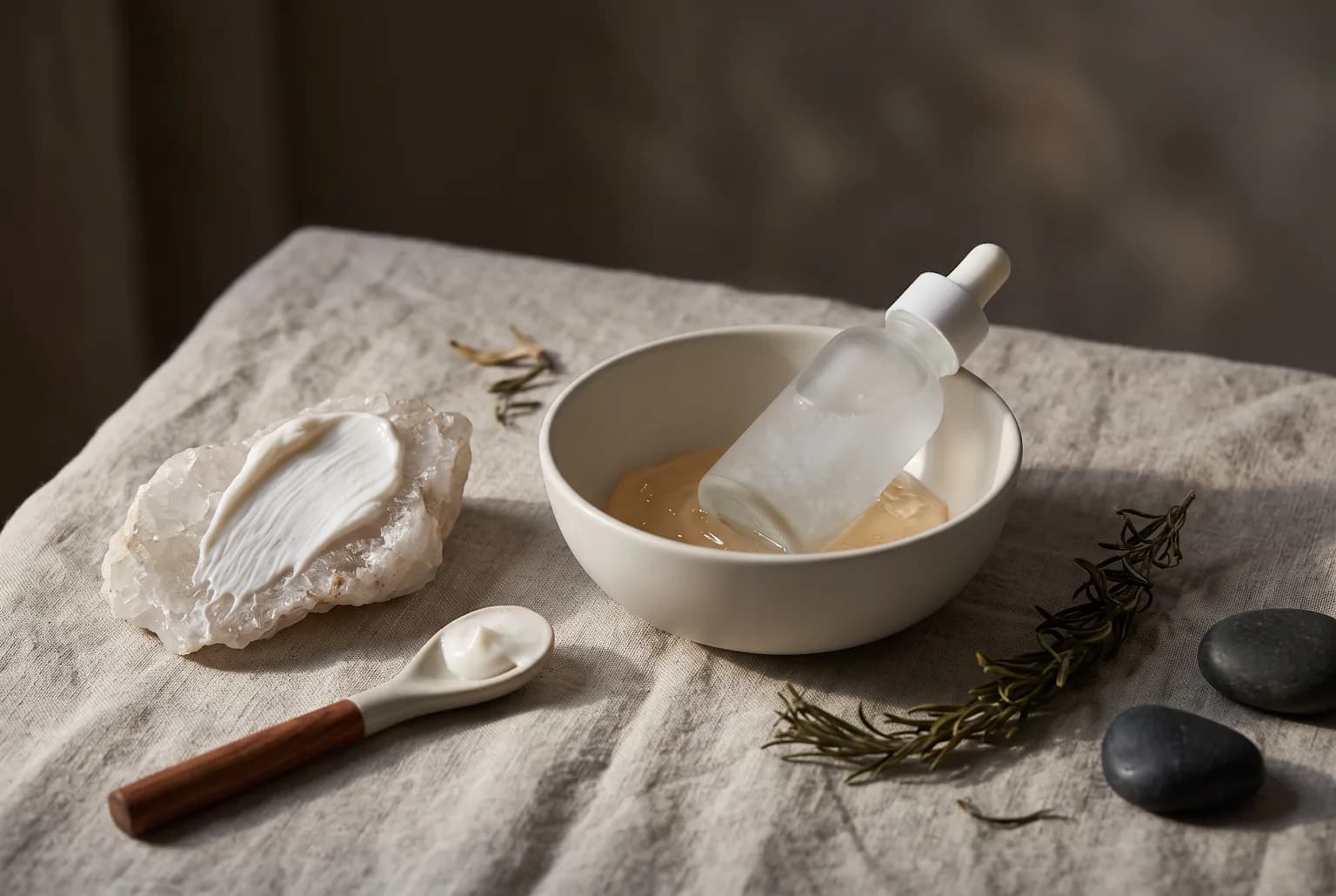 Gentle cleanser, hyaluronic serum, and night cream arranged on a wooden surface