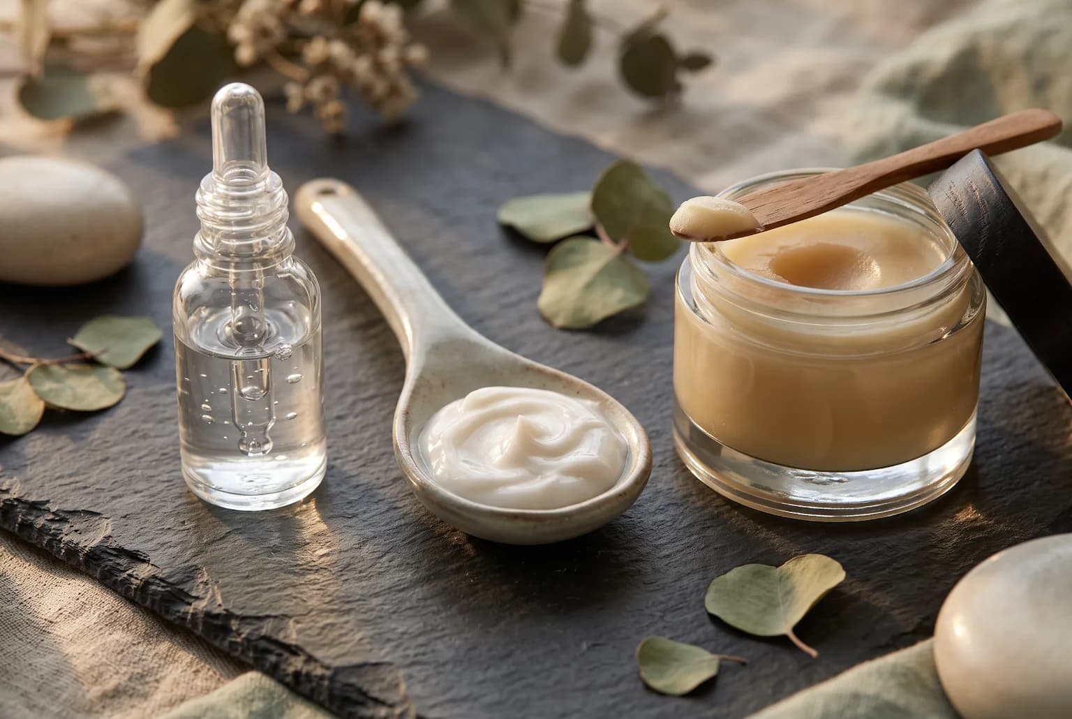 Vial of hyaluronic acid, a spoon with peptide cream, and a jar of rich balm on a slate tile