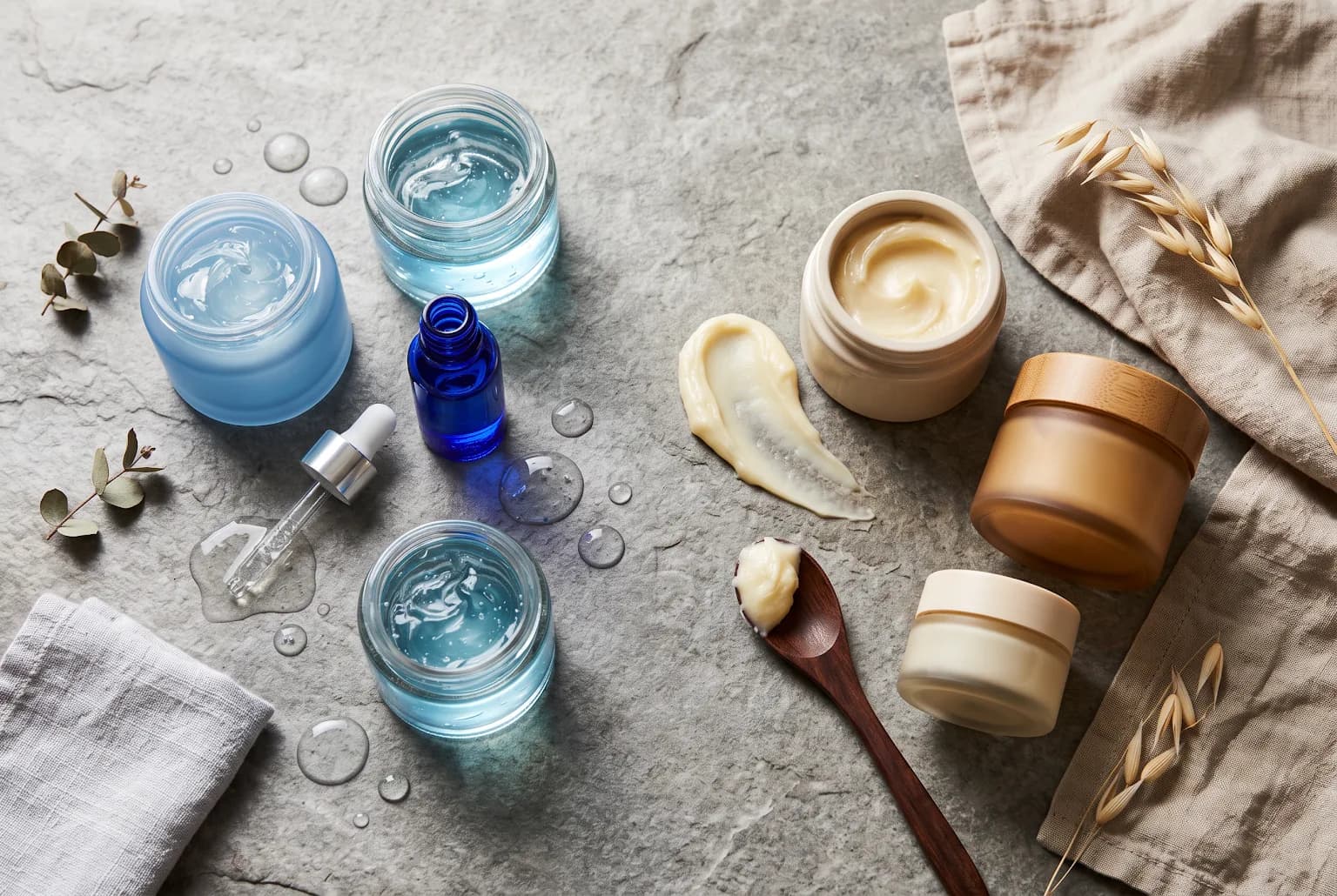 Split flatlay showing gel textures for oily skin and cream textures for dry skin