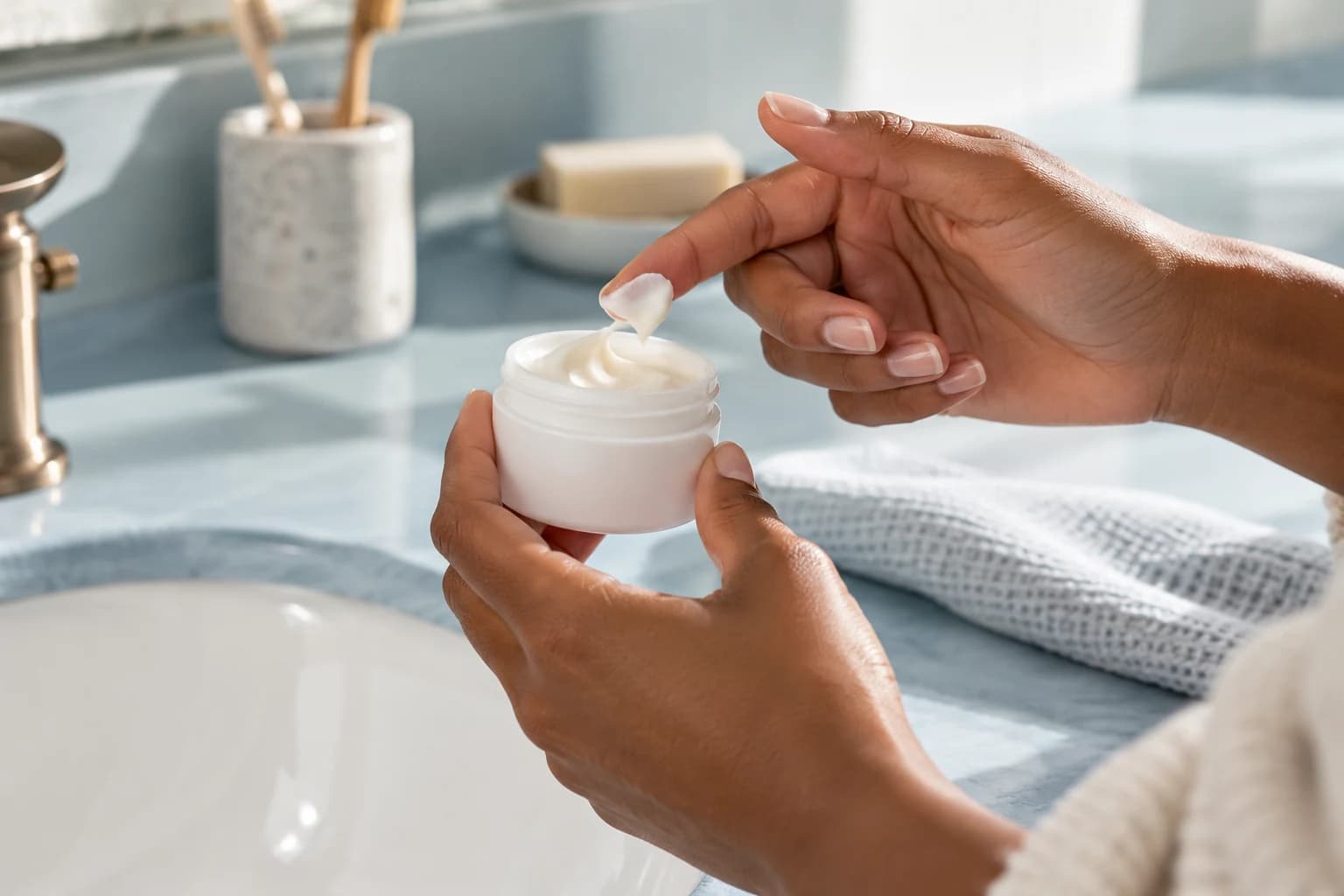 Hands holding an open white jar and lifting a small dab of cream from it.