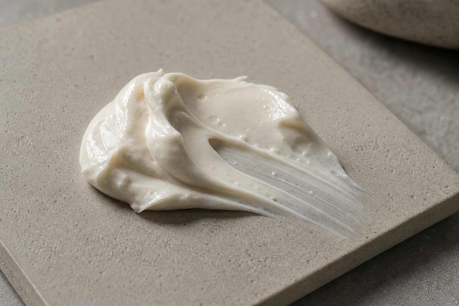 Thick off-white cream swatch spread across a rectangular stone tile.