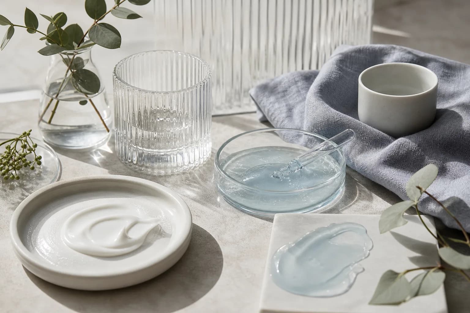 White cream and pale blue gel samples beside a glass pipette and water glass.