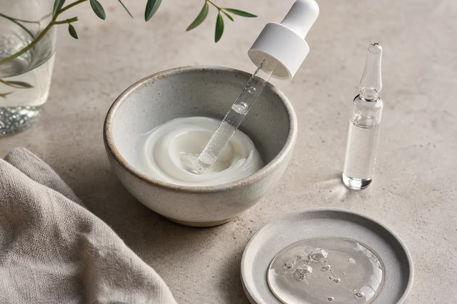Glass dropper above a bowl of white cream, with a clear ampoule and gel dish nearby.