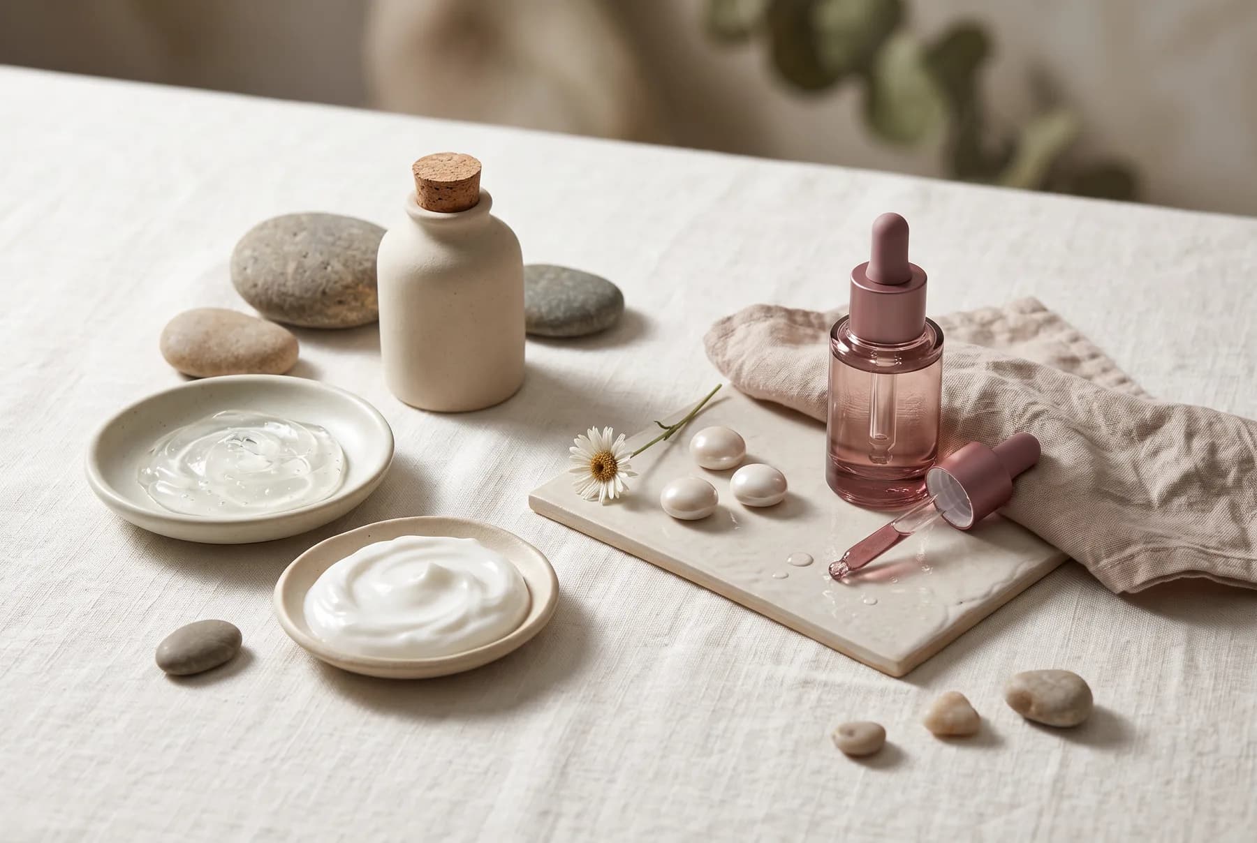 A glossy gel serum swatch beside linen and a smooth stone