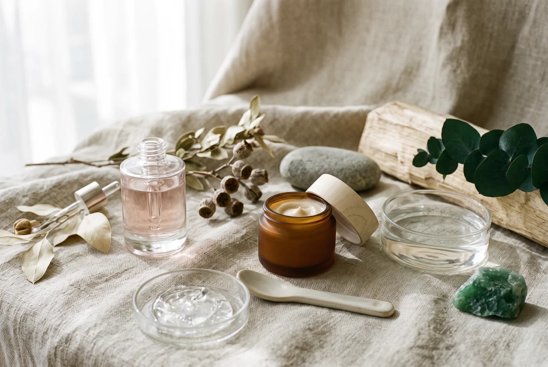 Abstract skincare shopping tools arranged on a plum surface