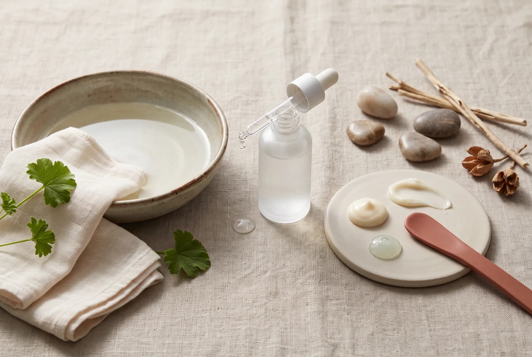 An evening skincare scene with a hand near a serum smear on a glass tray