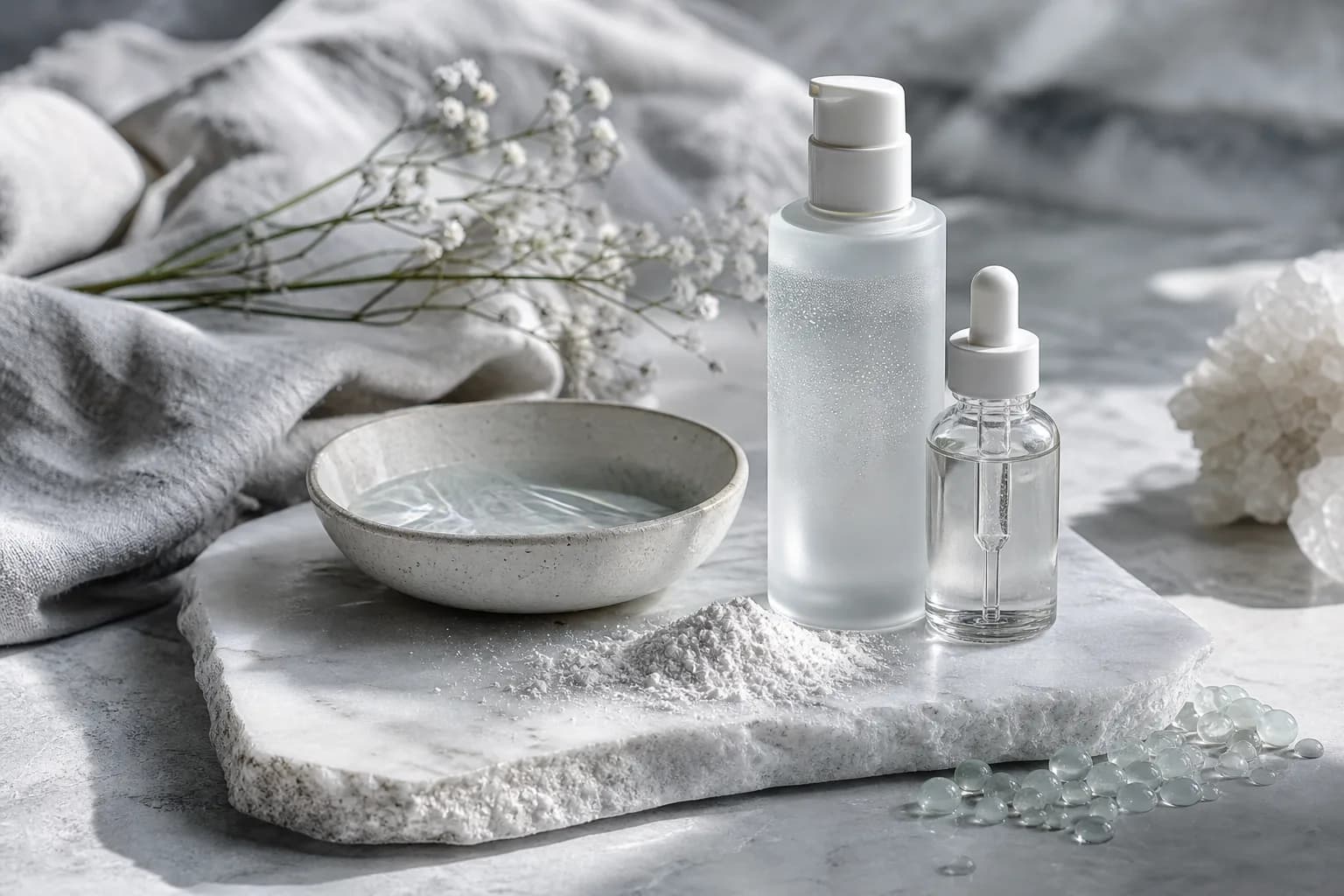 Frosted serum bottle and dropper vial on marble with a small bowl of water, editorial lighting
